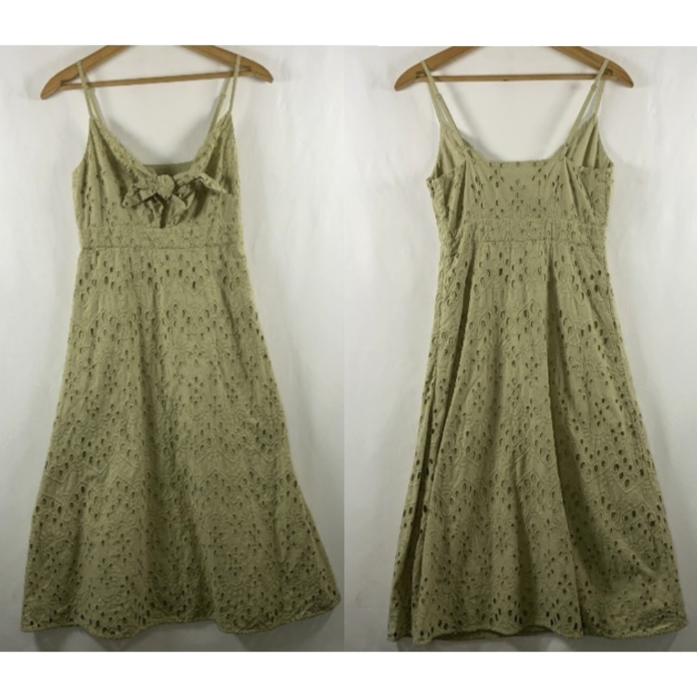 Womens Eyelet Tie Front Fit Flare Midi Dress Sz XS Preppy Cottage Picnic Cotton
